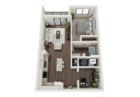 a stylized floor plan with a bedroom and a living room